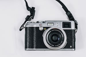 Close-up image of a vintage-style camera, showcasing its lens and details.