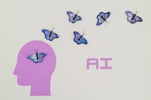 Surreal AI conceptual art featuring butterflies and a human head silhouette in a minimalistic style.