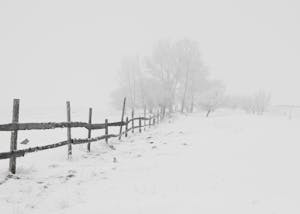 A serene winter scene featuring a rustic wooden fence in a snow-covered landscape.