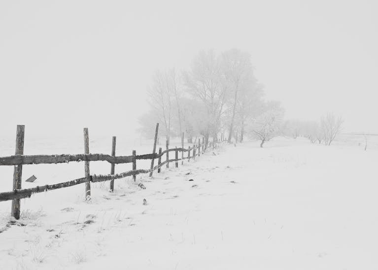 A serene winter scene featuring a rustic wooden fence in a snow-covered landscape.