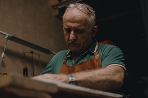 Senior artisan in eyeglasses crafting indoors with focus and skill, wearing apron.